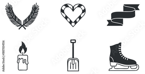A collection of six icons including a laurel wreath, heart, ribbon, candle, shovel, and ice skate in minimalist black and white vector style, suitable for various design projects