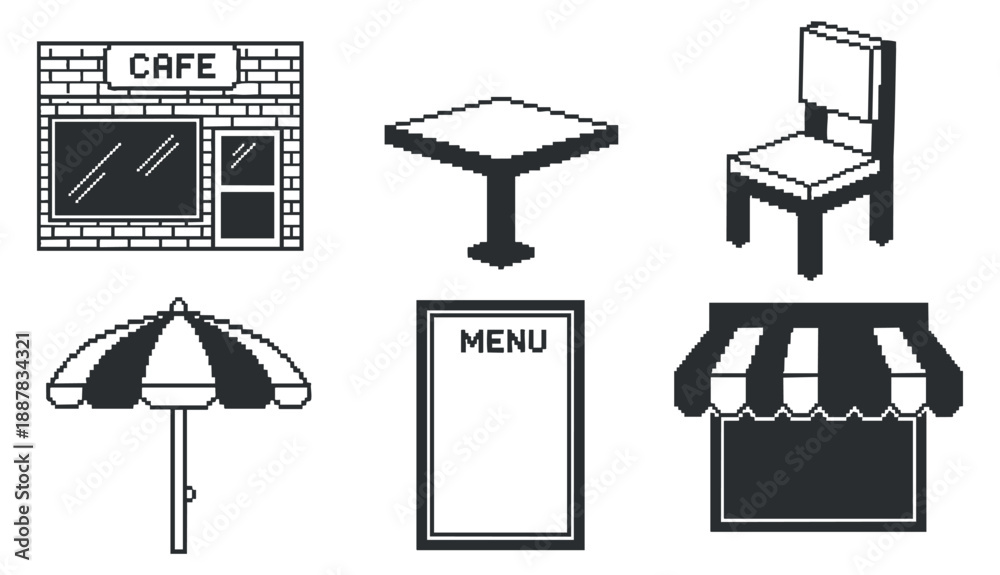 Fototapeta premium A collection of cafe elements including a cafe building, table, chair, umbrella, and menu in black and white minimalist vector style, ideal for restaurant branding and design
