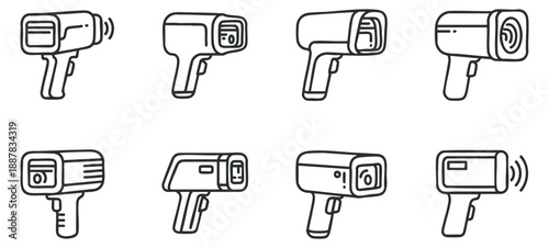 A collection of barcode scanners in black and white line art vector style, suitable for retail and technology applications