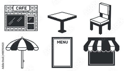 A collection of cafe elements including a cafe building, table, chair, umbrella, and menu in black and white minimalist vector style, ideal for restaurant branding and design