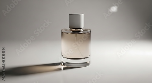 Elegant minimalist perfume bottle with soft lighting and shadow, showcasing a sophisticated scent