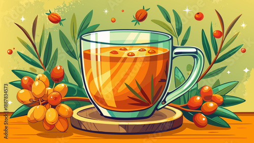 Very beautiful sea buckthorn tea served in a clear glass, highlighting natural herbal infusion and earthy tones, perfect for wellness, organic beverages, healthy lifestyle, and eco themed illustration