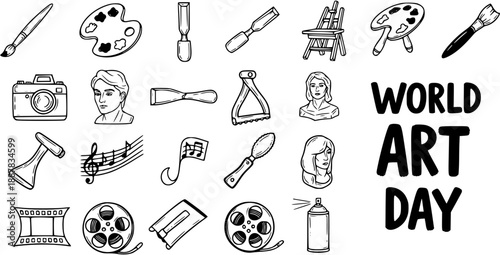 Hand-drawn Black and White Line Art Icons Set for World Art Day: Creative Tools and Symbols for Painting, Sculpture, Music, and Photography.