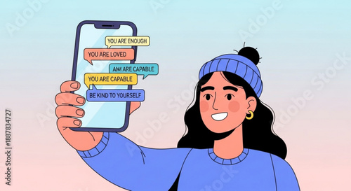 Woman holding smartphone with motivational messages on screen