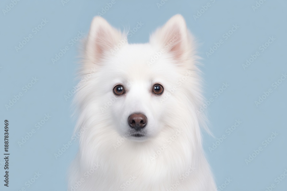 Fototapeta premium White American Eskimo Dog stands against a light blue background looking directly at the camera with a focused expression and soft fur