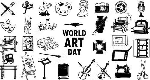 Hand-drawn Black and White Line Art Icon Set for World Art Day. Creative Industry, Hobbies  Crafts Collection of Art Tools and Symbols