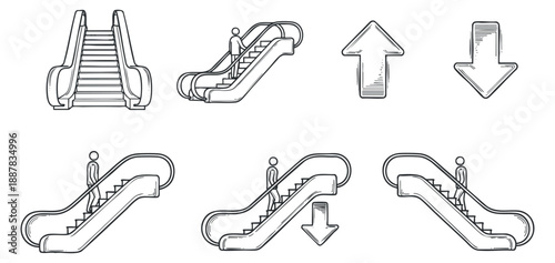 A set of escalators with directional arrows and people in black and white minimalist vector style, suitable for transportation design and signage