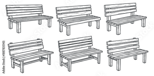 A collection of six wooden benches in minimalist line art style, suitable for outdoor design and landscaping projects