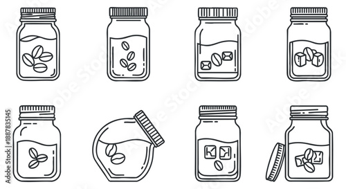 A collection of outline jars filled with various ingredients in minimalist vector style, ideal for kitchen and pantry design