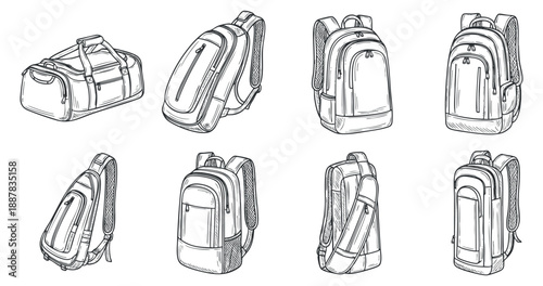 A collection of various backpack designs in clean outline vector style, ideal for travel and outdoor equipment branding