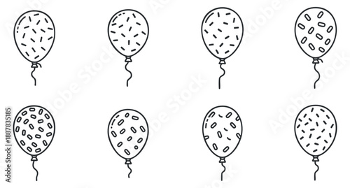 A collection of colorful balloons with various patterns in outline vector style, perfect for party invitations and celebrations