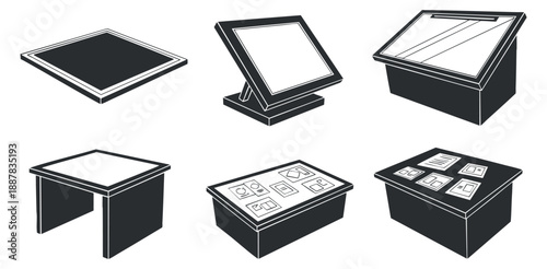 A collection of various table designs in black and white minimalist vector style, suitable for interior design and furniture branding