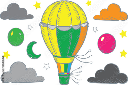 Colorful hot air balloon vector illustration with clouds, stars and moon, playful sky travel design in hand drawn doodle style for kids