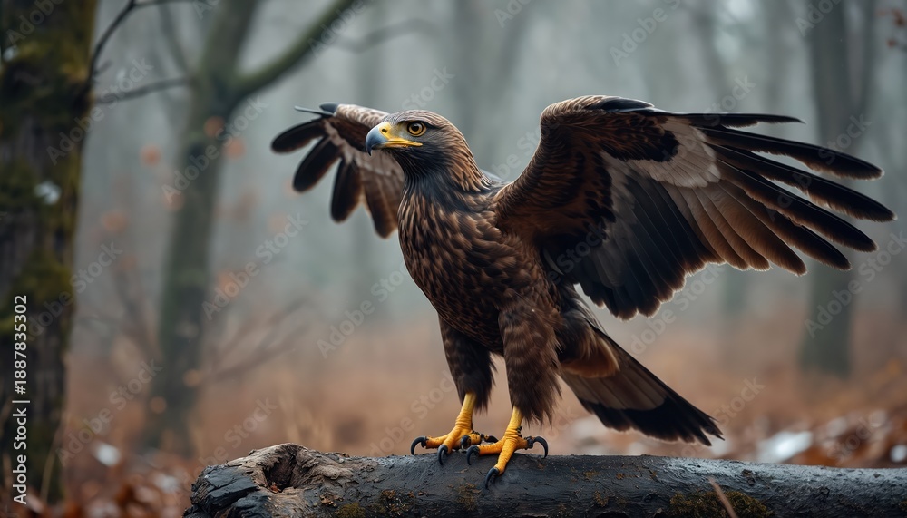Obraz premium Brown eagle bird with spread wings stands on tree log in misty forest. Majestic raptor poised for flight, hunts in wild woodland with eyesight, strong talons.