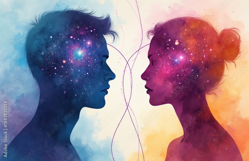 Fototapeta premium Male, female profiles face, heads filled with starry galaxies. Abstract art shows cosmic connection, soul bond, duality in relationships. Feelings, thoughts merge visually. Thoughtful emotional