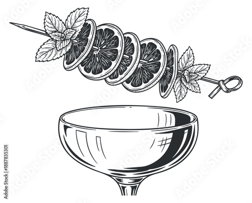 A cocktail glass with a lemon and mint garnish on a skewer in black and white vector style, ideal for bar menus and drink recipes
