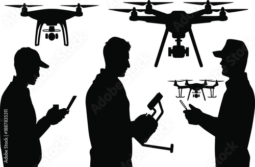 Drone pilots and quadcopter silhouettes vector illustration showing aerial technology operation, teamwork and remote control flight concept for modern industry