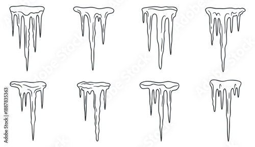 A collection of nine icicles in minimalist black line art vector style, suitable for winter-themed designs and illustrations