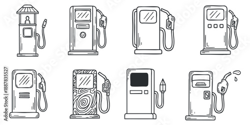 A collection of various fuel pump illustrations in black and white outline vector style, suitable for automotive and energy-related projects