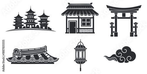 A collection of traditional Asian architectural elements including pagodas, a house, a lantern, and clouds in flat black vector style, ideal for cultural design projects