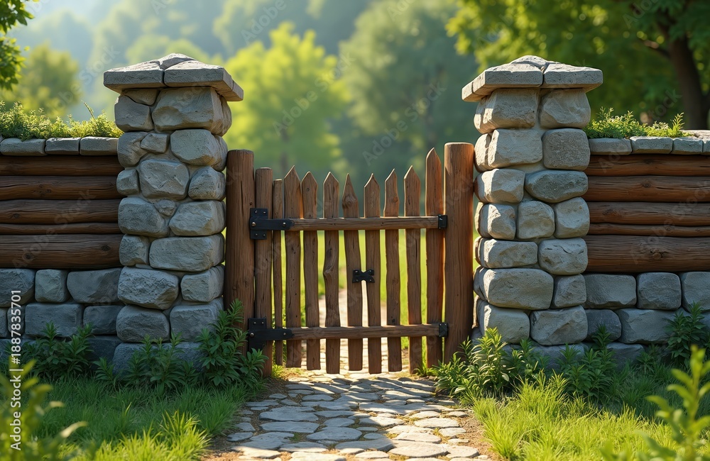 Fototapeta premium Rustic wooden gate with stone pillars guards entry to secluded property. Log walls and stone foundation create a charming barrier. Stone path leads to entrance surrounded by rich green nature.