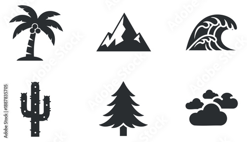 A collection of nature-themed icons featuring a palm tree, mountain, ocean wave, cactus, pine tree, and clouds in minimalist black vector style, ideal for outdoor and travel projects