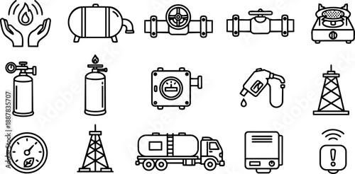 Line art industrial gas and oil icon set showing valves tanks tanker truck and drill silhouettes in clean minimal vector