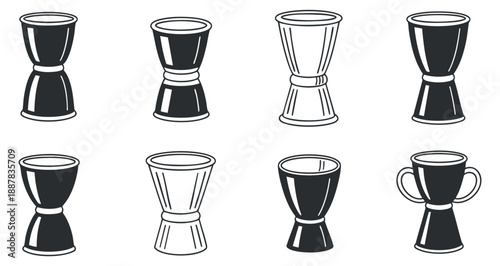 A set of eight various cups and glasses in black and white outline minimalist vector style, perfect for bar and restaurant branding