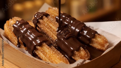 Sweet churros drizzled with delicious melting chocolate