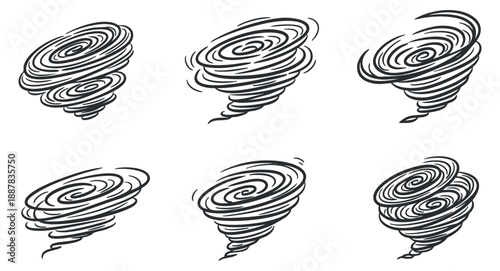 A collection of six tornado illustrations in black and white outline vector style, ideal for weather-related designs and educational materials