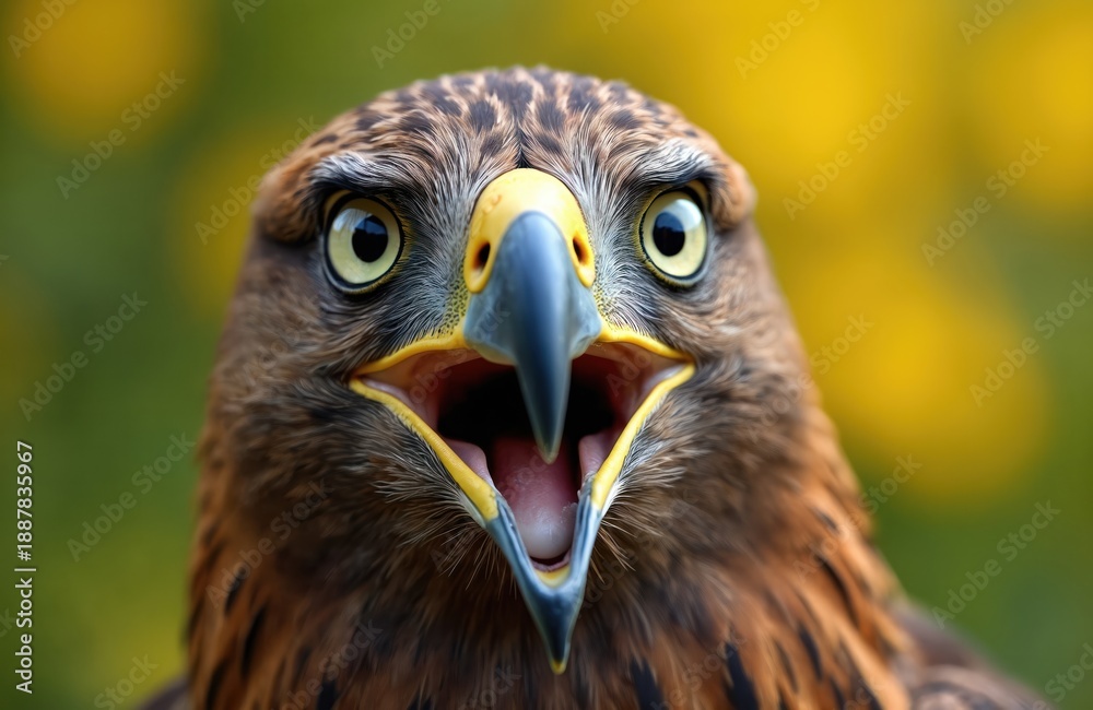 Naklejka premium Close-up portrait of brown eagle with wide eyes, open beak, looking surprised. Bird yellow accents around eyes, mouth with blurred green, yellow background. Feathers show intricate details of brown,
