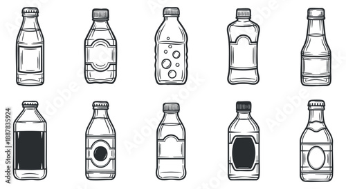 A collection of beverage bottles in black and white outline vector style, suitable for product design and branding