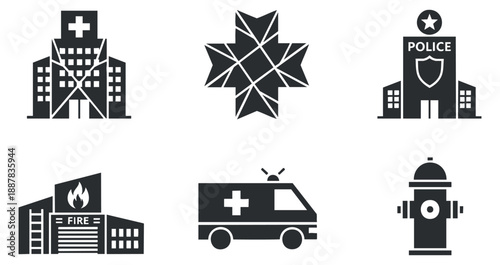 A collection of emergency service icons including hospital, police station, fire station, ambulance, and hydrant in black and white vector style, suitable for public safety designs