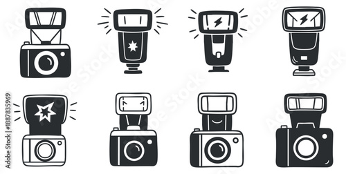 A set of camera and flash icons in black and white minimalist vector style, ideal for photography-related projects