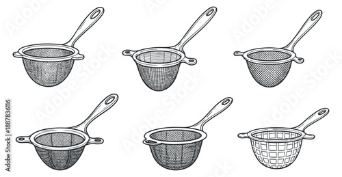 A collection of various kitchen strainers and sieves in black and white vector style, ideal for culinary illustrations