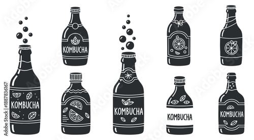 A set of kombucha bottles with various flavors and bubbles in minimalist black and white vector style, perfect for beverage branding and packaging