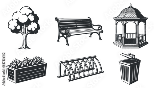 A collection of park elements including a tree, bench, gazebo, planter, and trash can in black and white vector style, ideal for urban landscaping projects