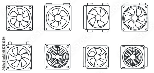 A set of eight fan icons in outline vector style, suitable for technology and mechanical design projects