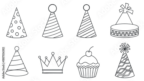 A set of birthday party hats and accessories in simple outline vector style, perfect for event decoration and celebration themes