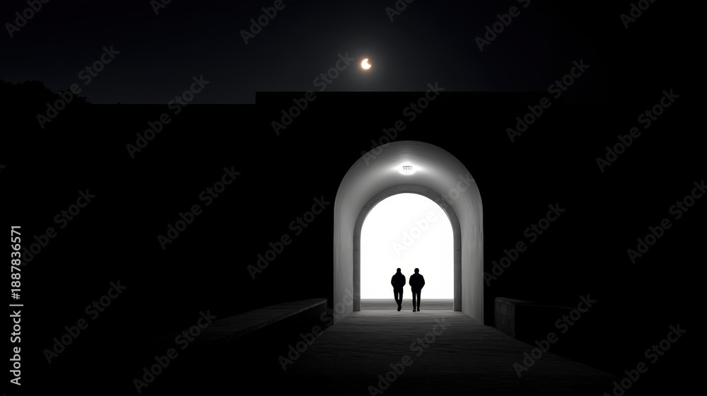 Fototapeta premium Soft Crescent Moonlight Beam Falling on a Dark Archway with Silhouetted Figures