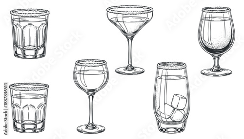 A collection of various drink glasses including cocktails, wine, and tumblers in black and white outline vector style, ideal for bar and restaurant branding
