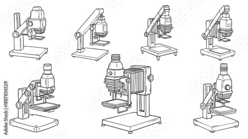 A collection of various microscope designs in outline vector style, suitable for educational and scientific illustrations