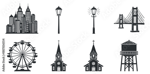 A collection of city skyline, lamp posts, bridges, ferris wheel, churches, and water tower in black and white vector style, suitable for urban design projects