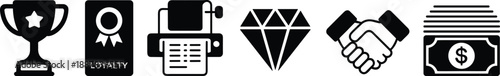 Business reward and loyalty icon silhouette vector set with trophy, certificate, diamond, partnership handshake and money symbols for marketing design