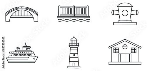 A collection of nautical-themed icons including a bridge, lighthouse, boat, pier, and house in minimalist outline vector style, ideal for travel and marine projects