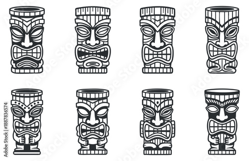 A collection of tiki totem carvings in black and white outline vector style, ideal for tropical-themed designs and decor