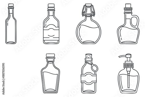 A set of diverse bottle designs in minimalist line art vector style, perfect for beverage branding and packaging
