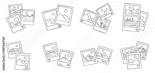 A collection of landscape photo icons in minimalist line art style, perfect for design and creative projects