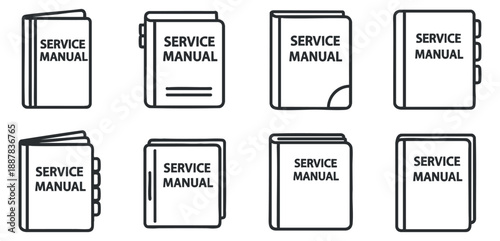 A collection of service manual icons in minimalist black and white vector style, suitable for technical documentation and support materials
