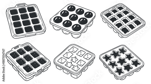 A collection of six ice cube trays in various shapes including stars, circles, and squares in black and white outline vector style, ideal for kitchen and party designs